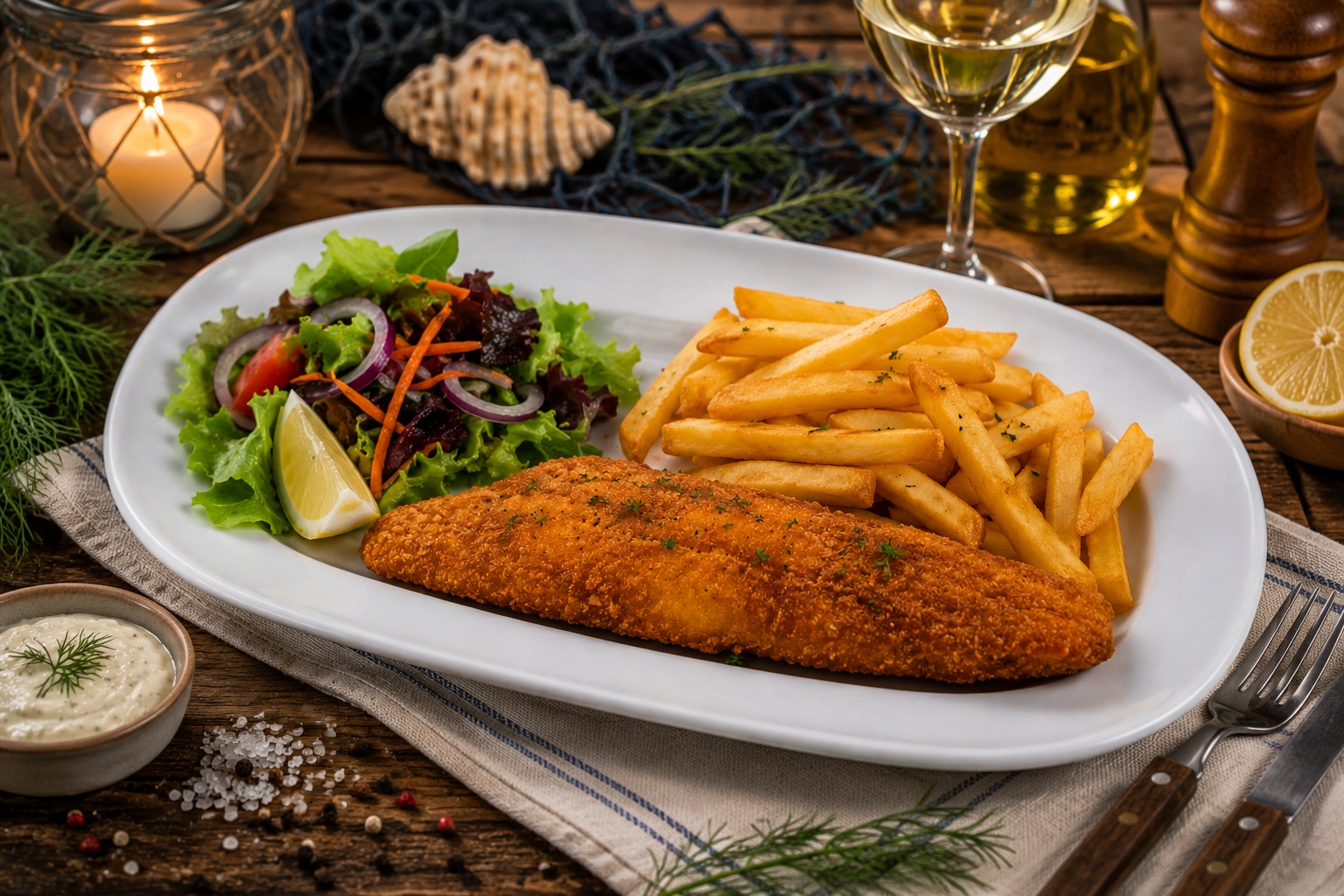 Bundázott Tengeri Lazac filé friss salátával és hasábburgonyával - Paniertes Lachsfilet mit frischem Salat und Pommes frites - Battered Sea Salmon fillet with fresh salad and French fries